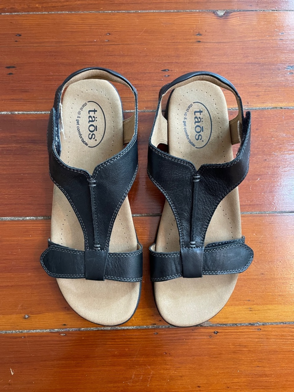 Taos The Show Sandals Black Leather Low T Strap Arch Support Women’s 10 🧡🎀 - Picture 2 of 9